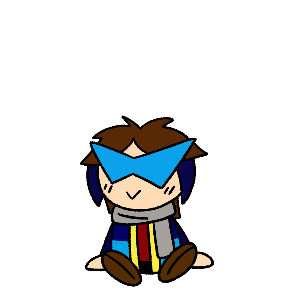 Digital illustration of one chibi-style ExceptionX, a humanoid computer virus with a blue overcoat and stylish triangle glasses, sitting and smiling innocently.